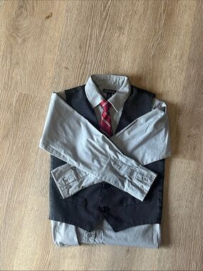 George Boys Gray Shirt Black Pinstripe Vest with Red Tie